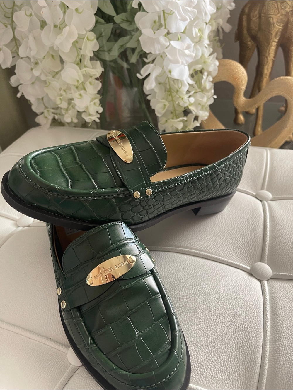 Michael Kors Dark Green Croc-Embossed Leather Penny Loafers with Gold Plaque